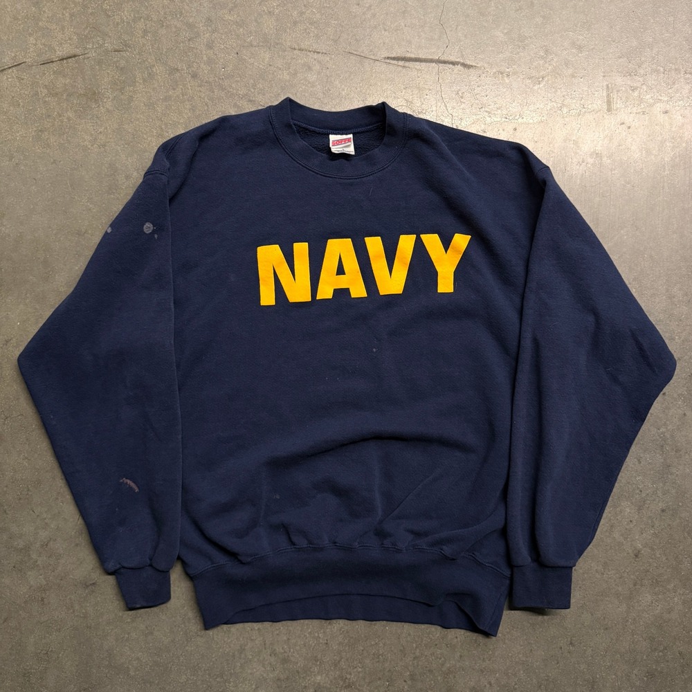 Soffe Navy US Military Crewneck Sweatshirt Blue Yellow Graphic Large 3314